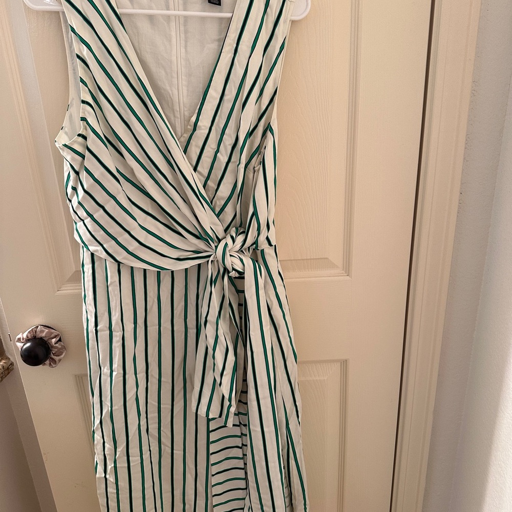 Halogen White Midi Dress with Green Stripes